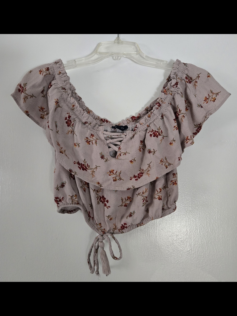 American Eagle Outfitters Dusty Lilac Floral Off-Shoulder Crop Top